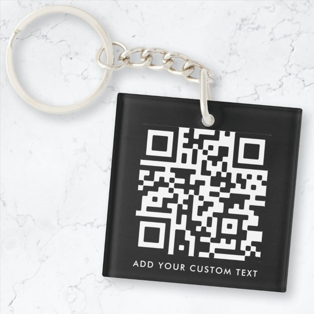 QR Code | Your Text Black Modern Minimalist Keychain (Versatile editable keychain template with interactive QR code & text for business or personal use.)