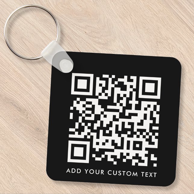 QR Code | Your Text Black Modern Minimalist Keychain (Versatile editable keychain template with interactive QR code & text for business or personal use.)