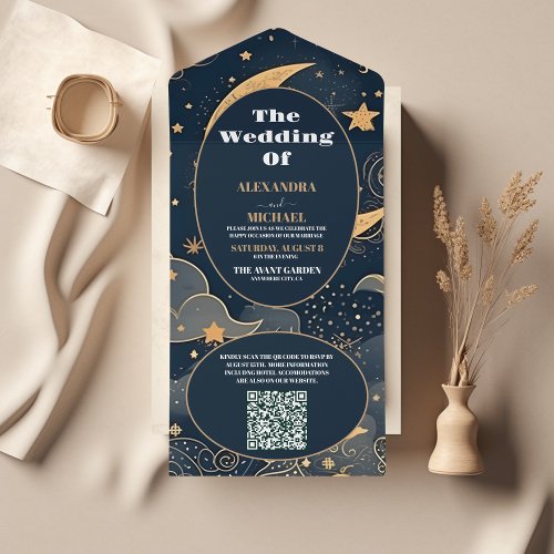 QR CodeMidnight Blue Gold Celestial Wedding All In One Invitation