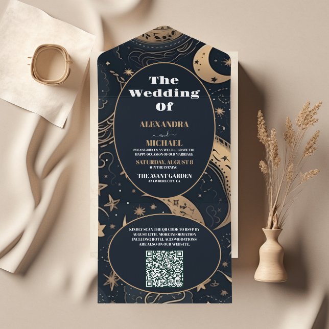 QR CodeMidnight Blue Gold Celestial Wedding All In One Invitation (Creator Uploaded)