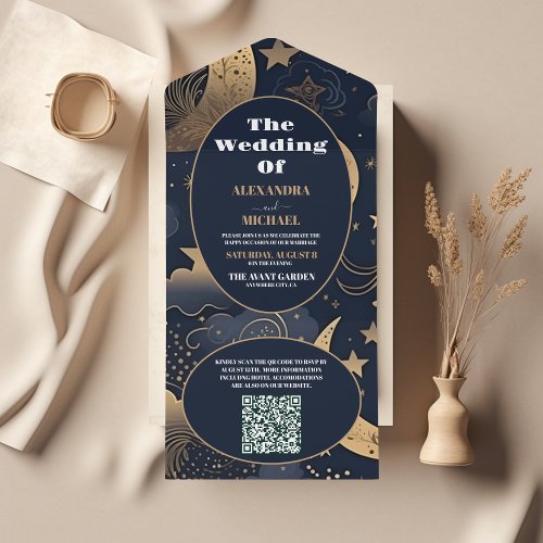 QR CodeMidnight Blue Gold Celestial Wedding All In One Invitation