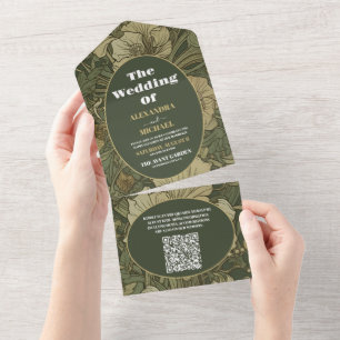 QR CodeVintage Floral Art Nouveau Wedding All In One Invitation
