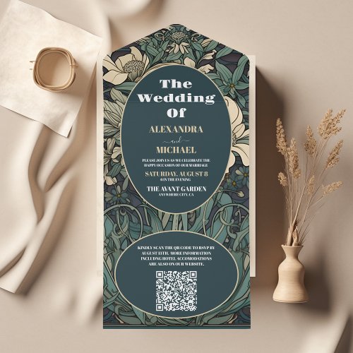 QR CodeVintage Floral Art Nouveau Wedding All In One Invitation