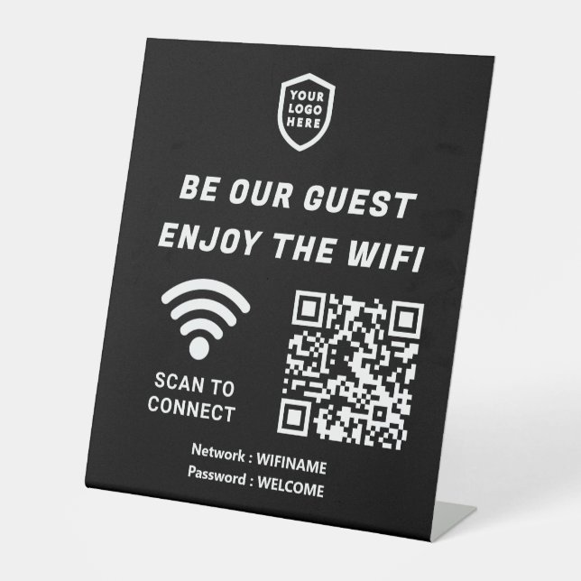 QR Connect Wifi Black Business Logo Pedestal Sign (Front)