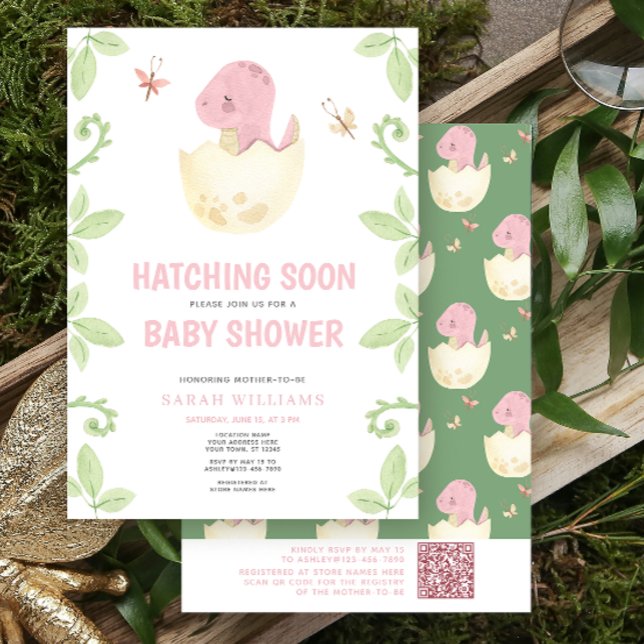 QR Cute Dinosaur Hatching Soon Pink Baby Shower Invitation (Get ready for a Jurassic celebration with our adorable dinosaur baby shower invitations! 🦕)