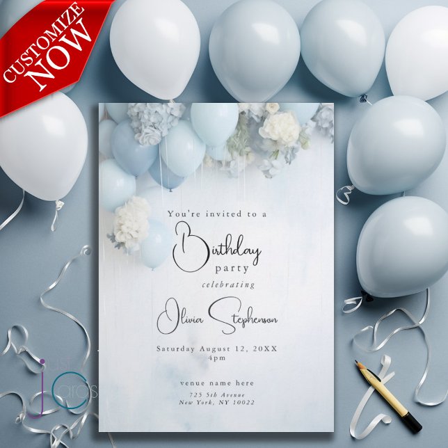 QR Festive Dusty Blue White Flowers and Balloons Invitation (Text is easy to customize )