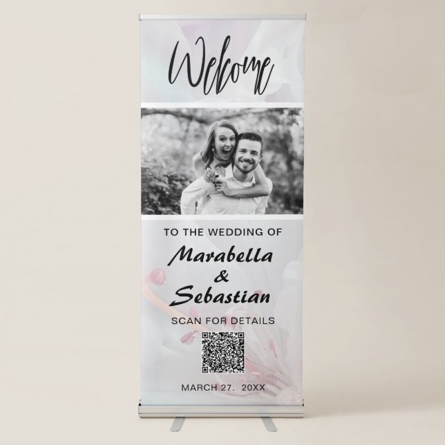 *~* QR Floral Azalea Wedding Welcome Modern Retractable Banner (Front)