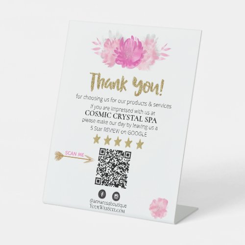 *~* QR FLORAL PINK Review Logo THANK YOU AP8  Pedestal Sign
