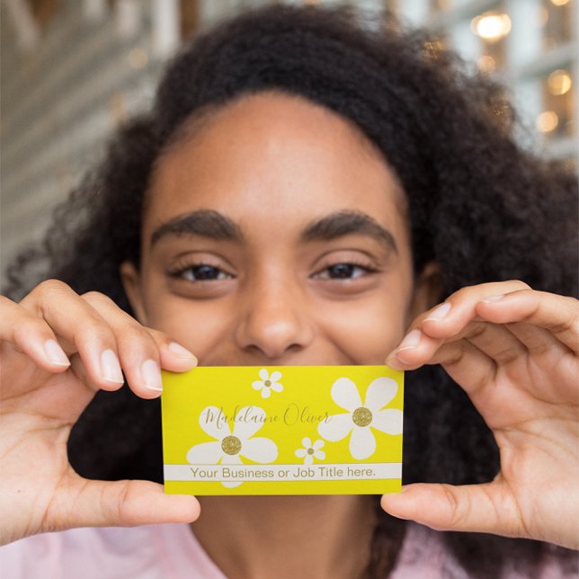 QR Floral Yellow Large White Gold Professional Business Card (Creator Uploaded)