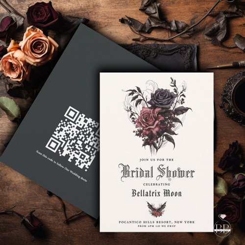 QR Goth Rosewood Black Roses Floral Bridal Shower Invitation