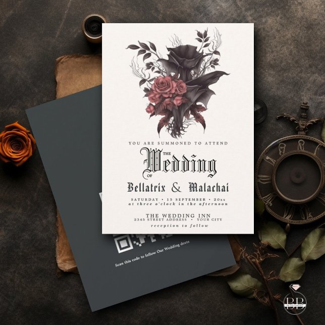 QR Goth Rosewood Black Roses  Floral  Invitation (Creator Uploaded)