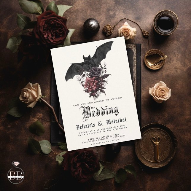 QR Goth Rosewood Roses Black Bat Bouquet  Invitation (Creator Uploaded)