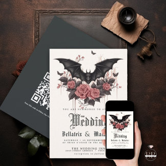 QR Goth Rosewood Roses Black Bat Bouquet  Invitation