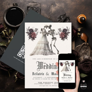 QR Gothic Rosewood Bouquet Skeleton Couple  Invitation