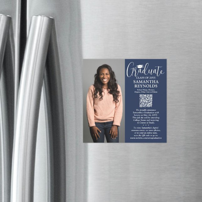 QR Graduation Navy White Photo Announcement Magnet (Creator Uploaded)