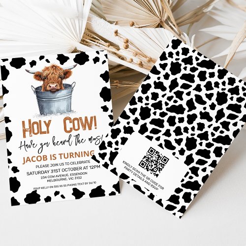 QR Highland Cow In Bucket Cow Print 1st Birthday Invitation