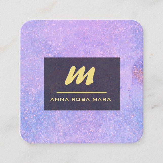 *~* QR Lavender White Gold Magenta Initial AP65 Square Business Card (Front)