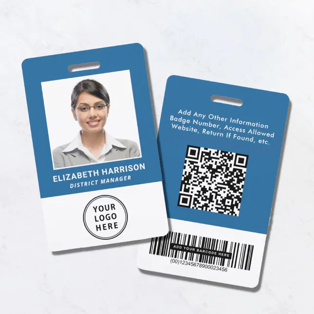 QR Logo Bar Codes Employee Photo Blue Badge Zazzle