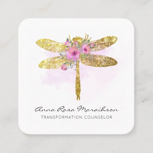  QR LOGO Floral Watercolor GOLD Dragonfly  Square Business Card