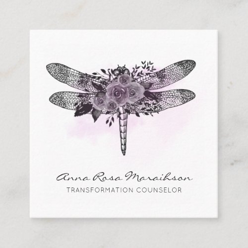  QR LOGO Floral Watercolor GRAY Dragonfly Square Business Card