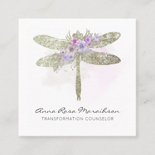  QR LOGO Floral Watercolor Green Dragonfly  Square Business Card