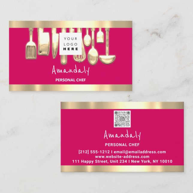 QR Logo Personal Chef Cooking Restaurant Food Pink Business Card (Front/Back)