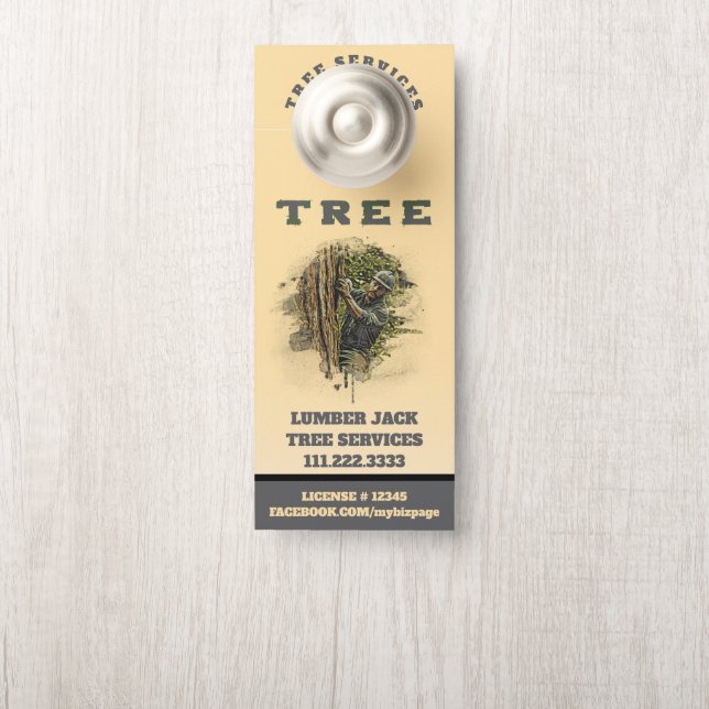 *~*  QR Lumber Jack Yellow TREE Tree Services Door Hanger (On Knob)