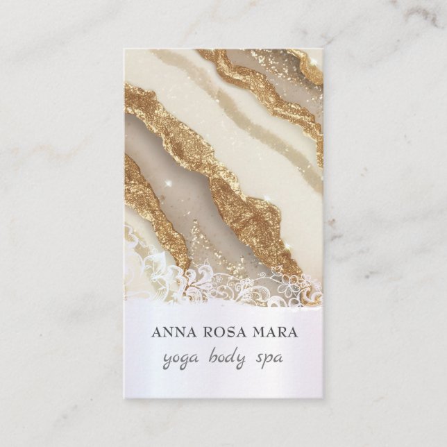 *~* QR Luxe Agate Ivory White Gold Glitter AP66 Business Card (Front)