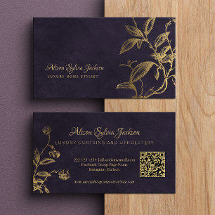 QR Luxury purple elegant faux gold foil foliage Business Card