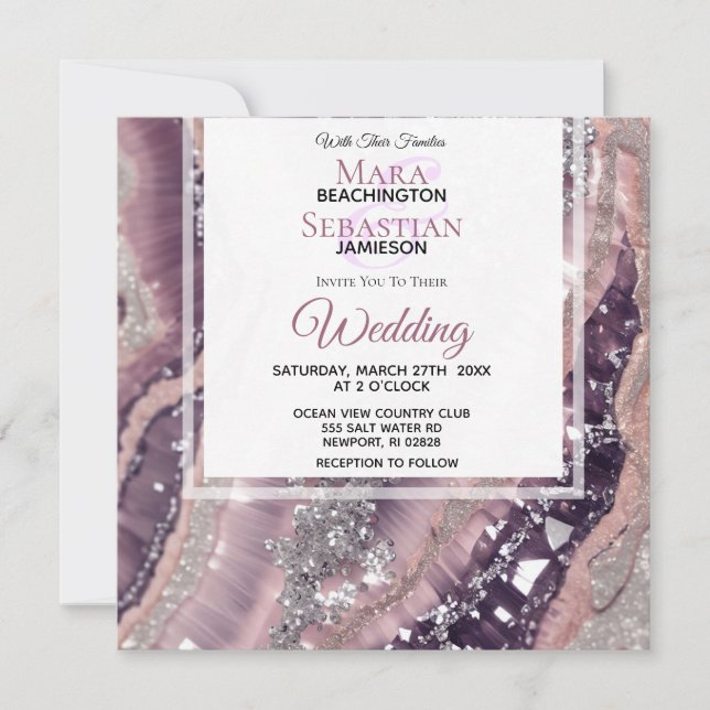 *~*  QR MAUVE RSVP Silver AGATE AR66 Wedding Invitation (Front)