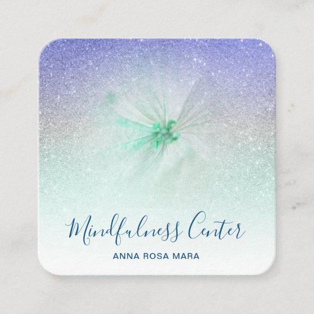 *~* QR Meditation Reiki Yoga Floral Glitter Flower Square Business Card (Front)