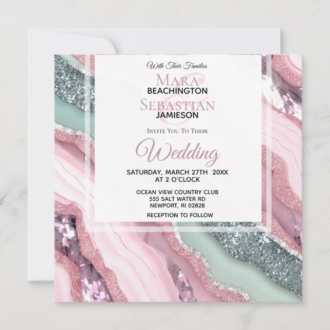 *~*  QR MINT PINK Silver AGATE AR66 RSVP Wedding Invitation (Front)