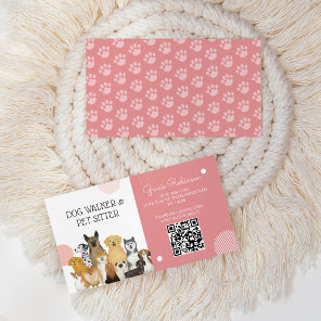 QR Modern Dog Walker Pet Sitter Watercolor Pink Business Card
