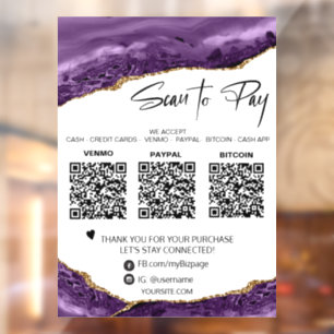 *~* QR Pay  3 PAYMENT Amethyst AGATE GOLD Glitter Window Cling