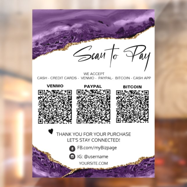 *~* QR Pay  3 PAYMENT Amethyst AGATE GOLD Glitter Window Cling (Sheet 2)