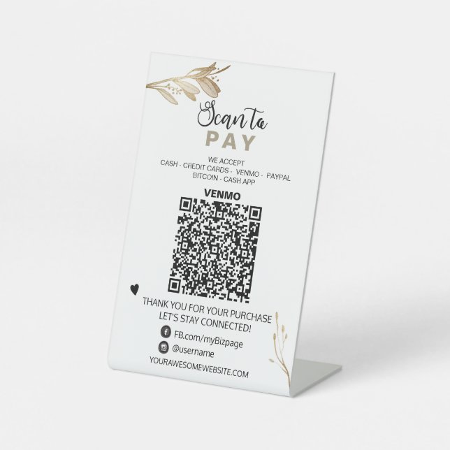 *~* QR PAY - Tabletop Table Tent  Pedestal Sign (Front)