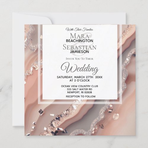  QR Peach Salmon SILVER AGATE RSVP AR66 Wedding Invitation