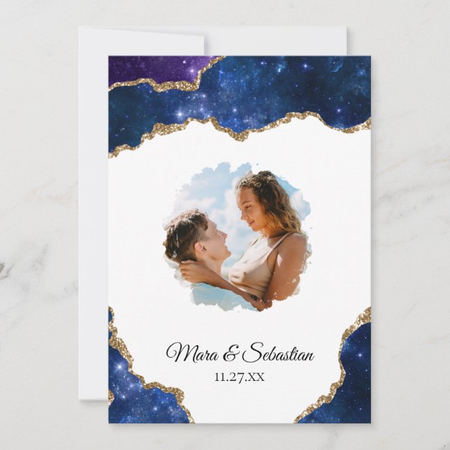 *~* QR PHOTO RSVP AR13 Cosmic AGATE Blue Wedding Invitation (Front)