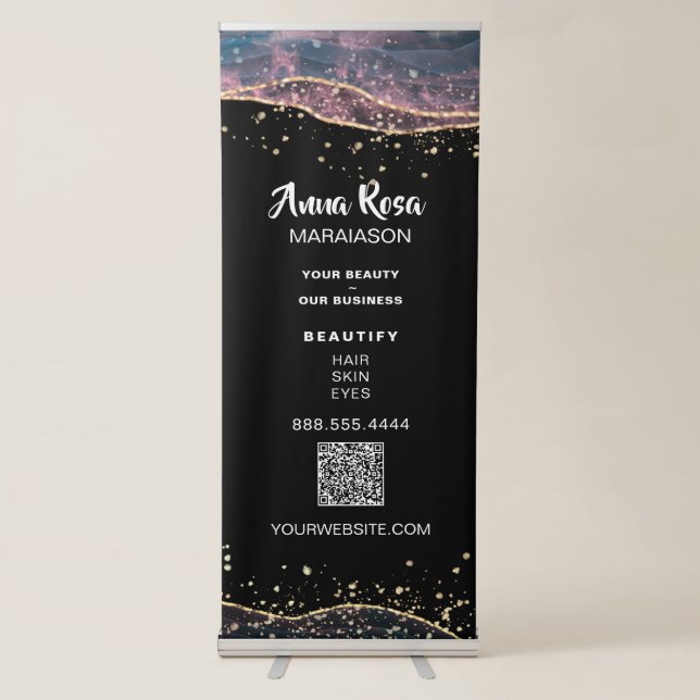 *~* QR PINK Agate Gold Glitter Beauty Girly Spa   Retractable Banner (Front)