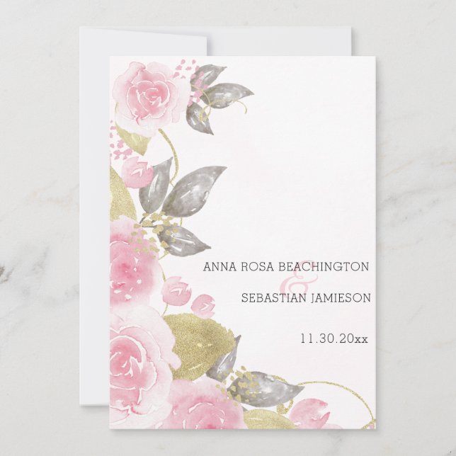 *~* QR Pink Roses AR15 Gold Floral Wedding RSVP Invitation (Front)