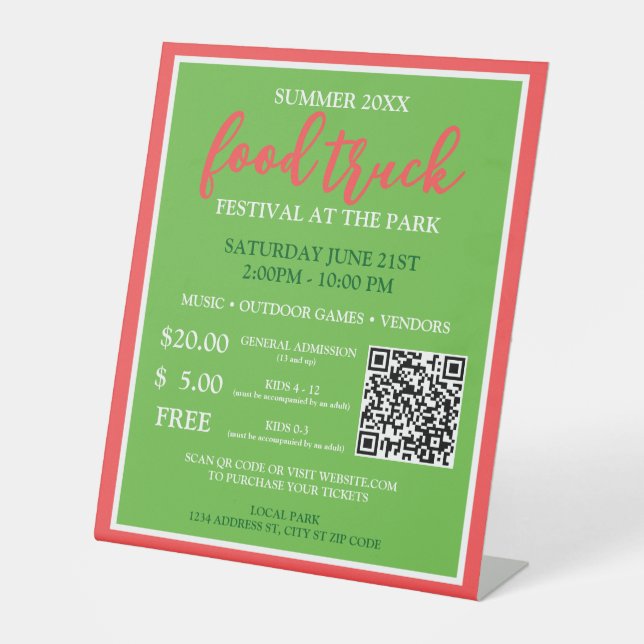 QR Purchase Tickets – Summer Food Truck Festival Pedestal Sign (Front)