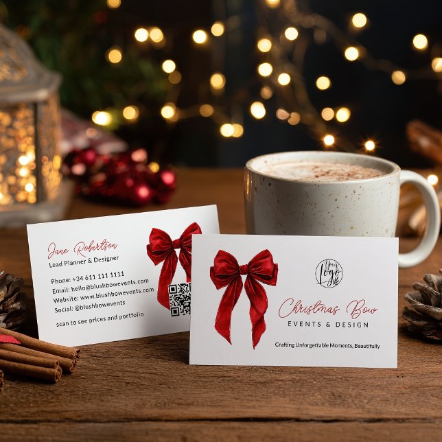 QR Red Coquette Bow Elegant Events Design  Business Card (QR Red Coquette Bow Elegant Events Design Business Card)
