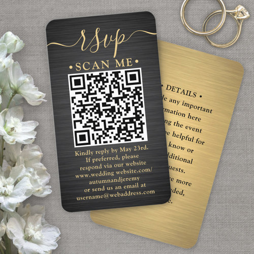 QR RSVP  Details Brushed Black  Gold Wedding Enclosure Card
