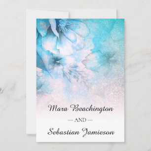 *~* QR RSVP Floral Glitter Pink Aqua Wedding Invitation