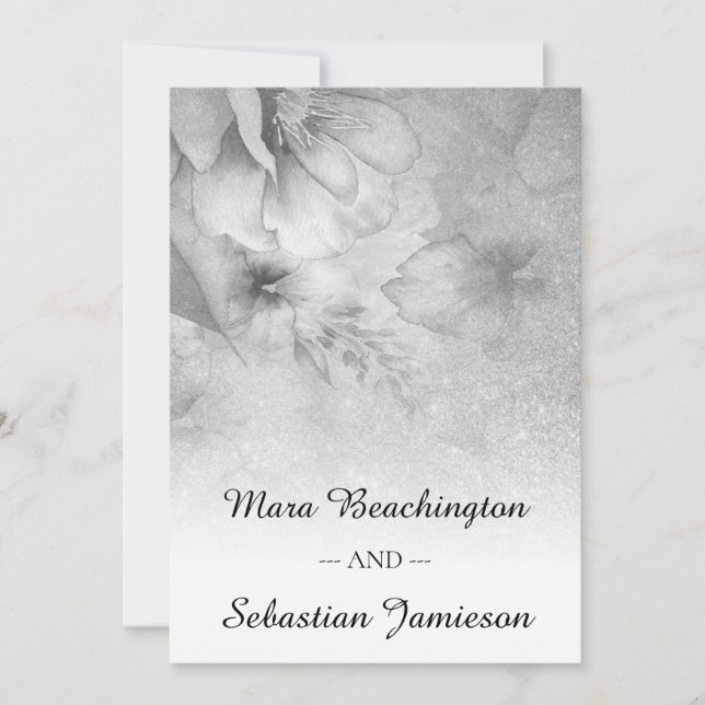*~* QR RSVP Floral Glitter Silver Gray Wedding Invitation (Front)