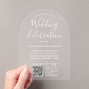 QR RSVP Simple Script Wedding Celebration Arched Acrylic Invitations