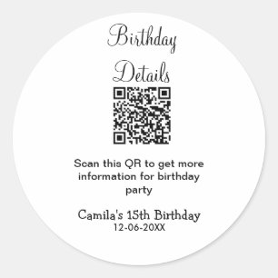 QR scan birthday party details modern 15 birthday Classic Round Sticker