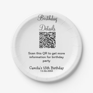 QR scan birthday party details modern 15 birthday Paper Plates