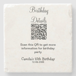 QR scan birthday party details modern 15 birthday  Stone Coaster