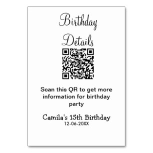 QR scan birthday party details modern 15 birthday Table Number